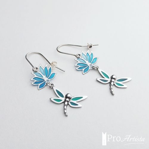 Boucles d'oreilles en émail plique à jour '' Libellules ''.