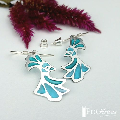 Boucles d'oreilles en émail plique à jour sur argent '' Les Oiseaux ''