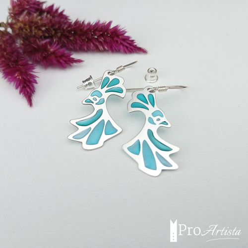 Boucles d'oreilles en émail plique à jour sur argent '' Les Oiseaux ''